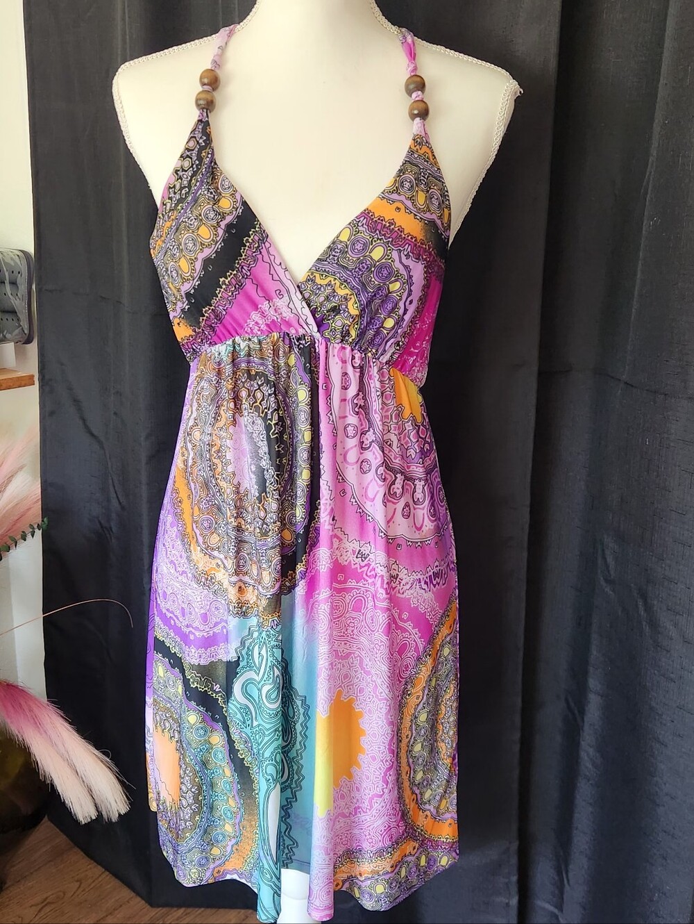 Y2k Backless Paisley Halter Sundress in Pink & Purple